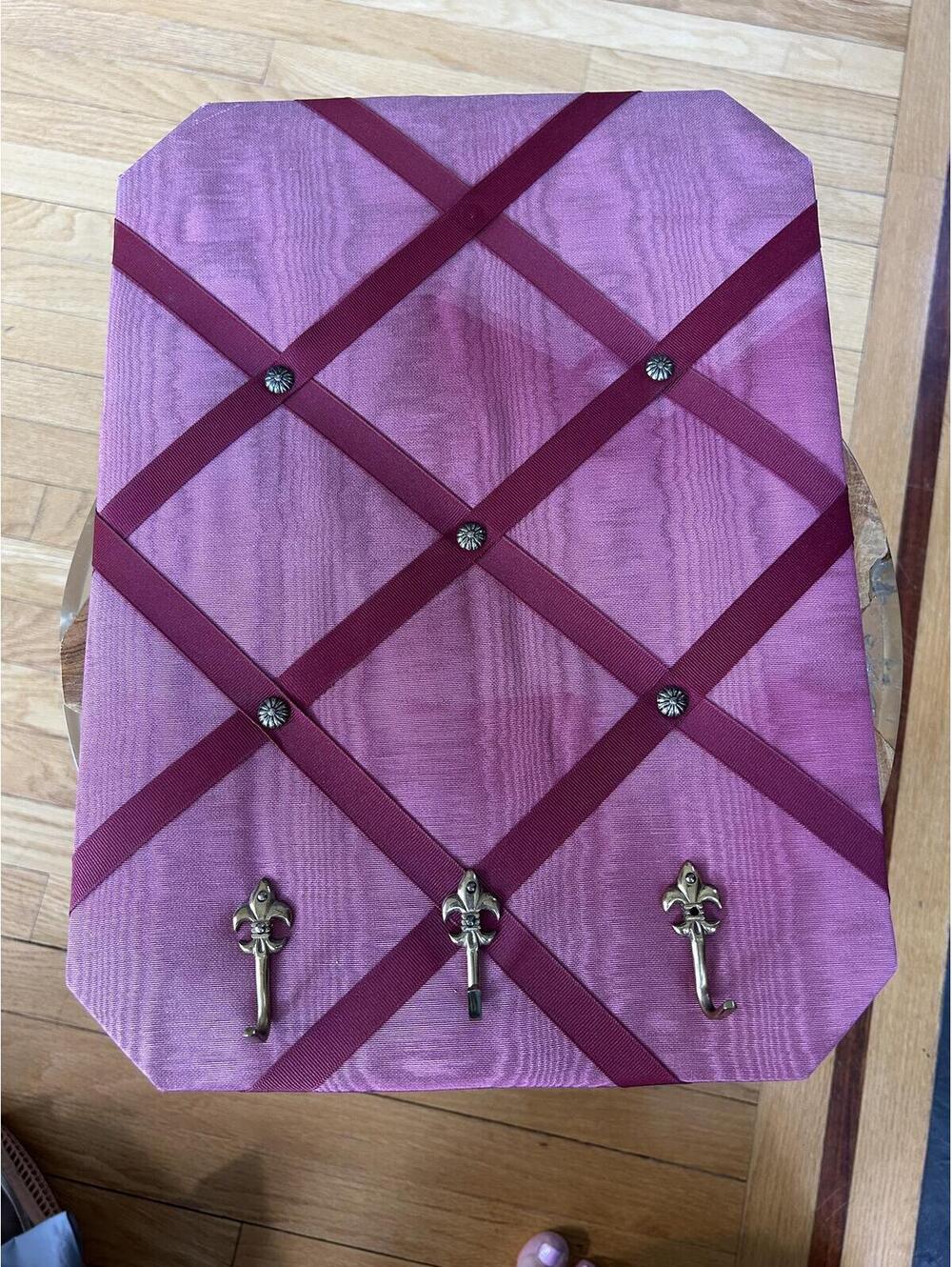 Vintage Fabric Memo Board with Burgundy Ribbon and Fleur-de-lis Hooks England